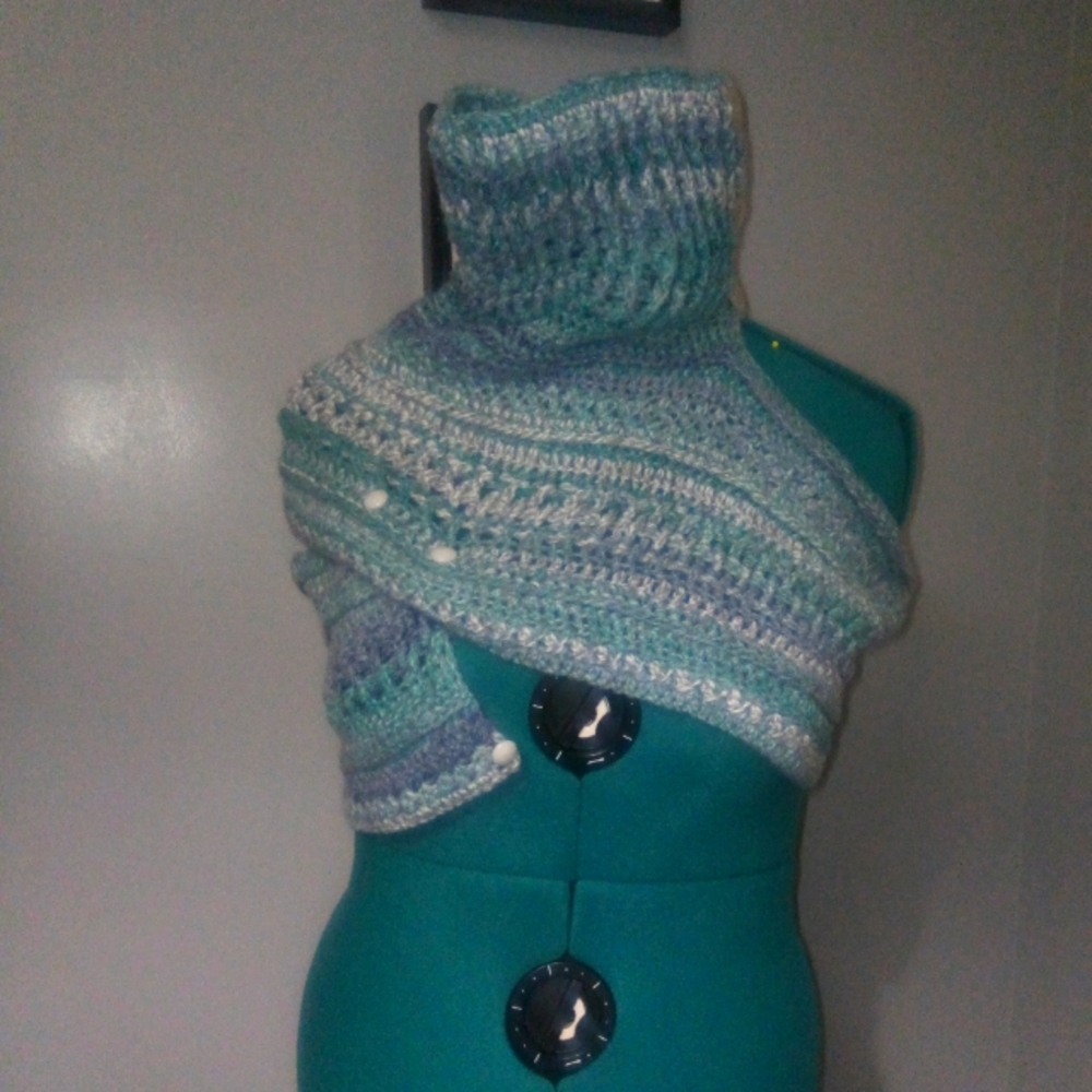 Handcrafted Crochet Textured Blues Multiwear Scarf NEW